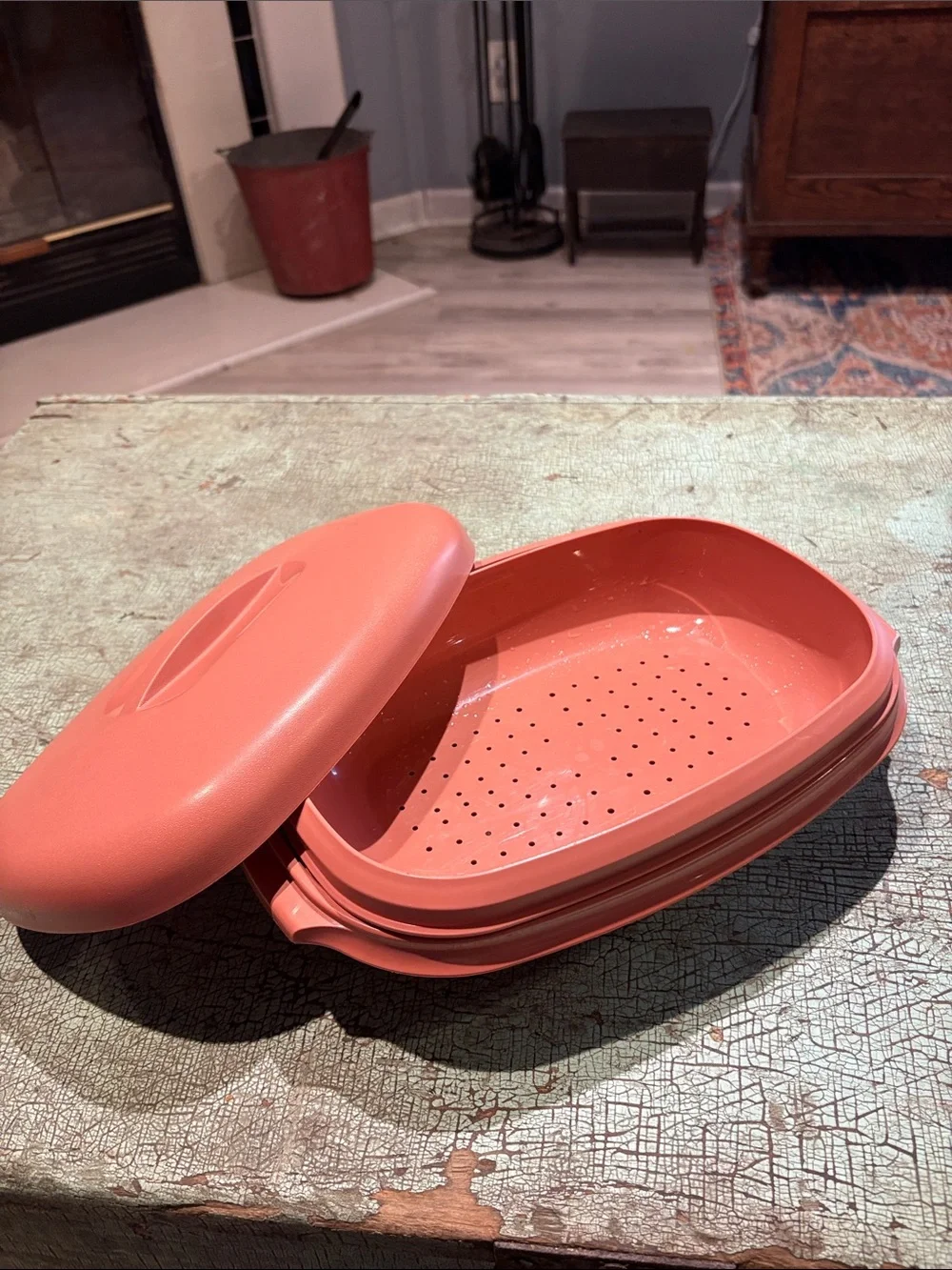 Vintage Tupperware Microwave Steamer 6 Cup Coral Salmon Covered Dish Insert